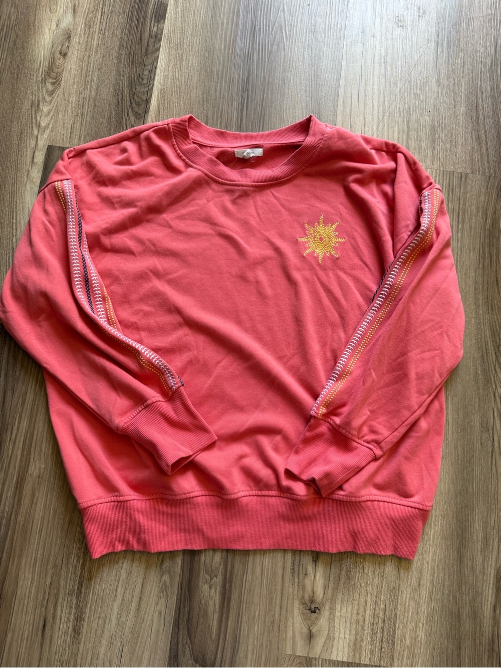 Maurices Coral Crewneck Sweatshirt with Yellow Sun Embroidery